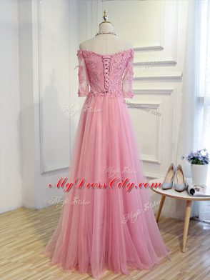 Super 3 4 Length Sleeve Tulle Floor Length Lace Up Mother Dresses in Pink with Beading and Lace and Appliques