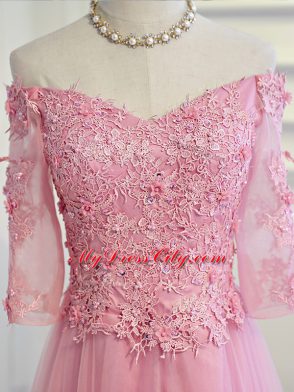 Super 3 4 Length Sleeve Tulle Floor Length Lace Up Mother Dresses in Pink with Beading and Lace and Appliques