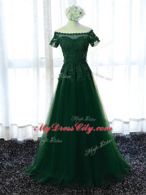 Off The Shoulder Short Sleeves Tulle Evening Dress Lace and Appliques Lace Up