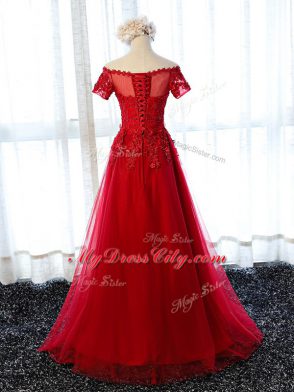 Off The Shoulder Short Sleeves Tulle Evening Dress Lace and Appliques Lace Up