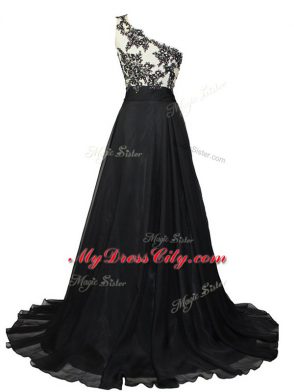 Hot Sale A-line Sleeveless Black Evening Dress Brush Train Side Zipper