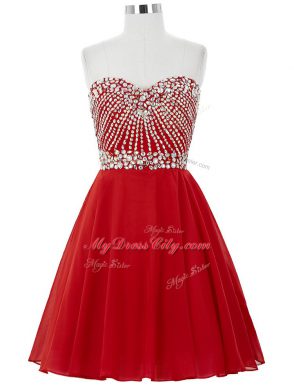 Adorable Red Sleeveless Mini Length Beading Lace Up Prom Evening Gown