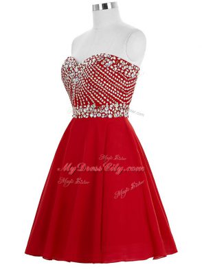 Adorable Red Sleeveless Mini Length Beading Lace Up Prom Evening Gown