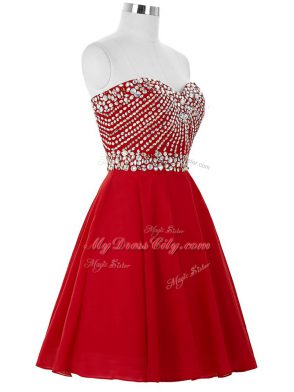 Adorable Red Sleeveless Mini Length Beading Lace Up Prom Evening Gown