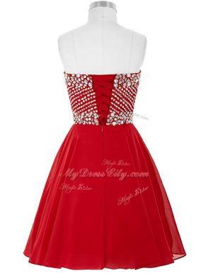 Adorable Red Sleeveless Mini Length Beading Lace Up Prom Evening Gown