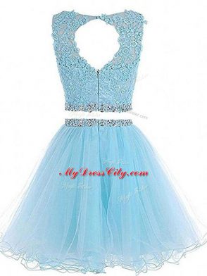 Simple Tulle Scoop Sleeveless Zipper Beading and Lace and Appliques Evening Dress in Royal Blue