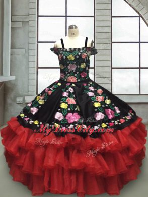 Embroidery and Ruffled Layers Little Girls Pageant Dress Wholesale Red And Black Lace Up Sleeveless Floor Length