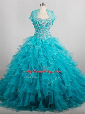 Smart Sweetheart Sleeveless Organza Quince Ball Gowns Beading and Ruffles Brush Train Lace Up