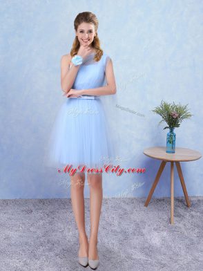 Custom Made Tulle Asymmetric Sleeveless Lace Up Belt Bridesmaid Dress in Aqua Blue