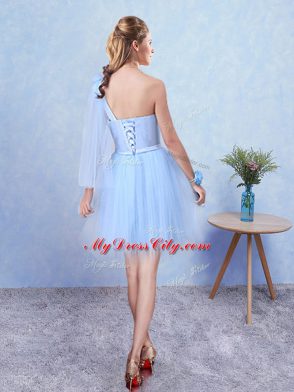 Custom Made Tulle Asymmetric Sleeveless Lace Up Belt Bridesmaid Dress in Aqua Blue