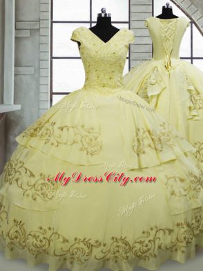 Lace Up Sweet 16 Dress Light Yellow for Military Ball and Sweet 16 and Quinceanera with Beading and Embroidery Brush Train