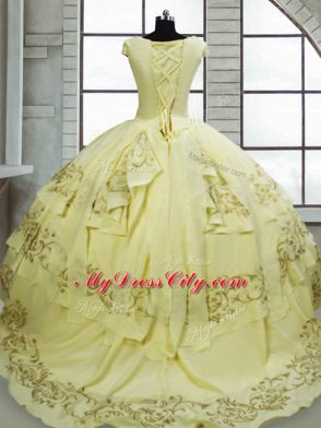 Lace Up Sweet 16 Dress Light Yellow for Military Ball and Sweet 16 and Quinceanera with Beading and Embroidery Brush Train