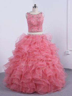 Luxurious Scoop Sleeveless Zipper 15 Quinceanera Dress Watermelon Red Organza