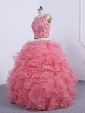 Luxurious Scoop Sleeveless Zipper 15 Quinceanera Dress Watermelon Red Organza