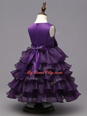 Dark Purple Organza Zipper Pageant Gowns For Girls Sleeveless Tea Length Ruffled Layers and Sequins