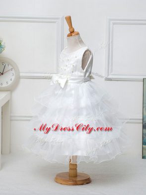 White Flower Girl Dresses Wedding Party with Ruffled Layers and Bowknot Scoop Sleeveless Zipper