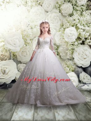 Eye-catching White Flower Girl Dress Wedding Party with Lace Off The Shoulder 3 4 Length Sleeve Chapel Train Zipper