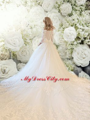 Eye-catching White Flower Girl Dress Wedding Party with Lace Off The Shoulder 3 4 Length Sleeve Chapel Train Zipper