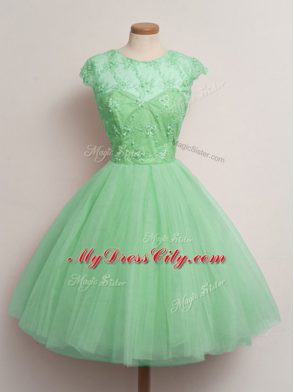 Suitable Knee Length Turquoise Bridesmaids Dress Tulle Cap Sleeves Lace