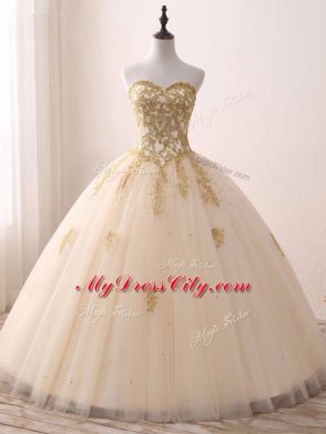 Perfect Champagne Sleeveless Tulle Lace Up Sweet 16 Quinceanera Dress for Prom and Party and Military Ball and Sweet 16 and Quinceanera