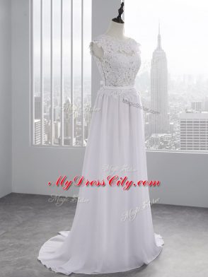 Pretty White Empire Scalloped Cap Sleeves Chiffon Brush Train Backless Lace Wedding Dresses