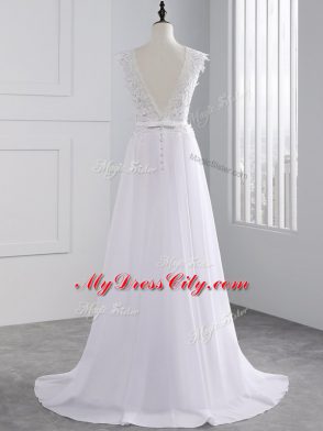 Pretty White Empire Scalloped Cap Sleeves Chiffon Brush Train Backless Lace Wedding Dresses