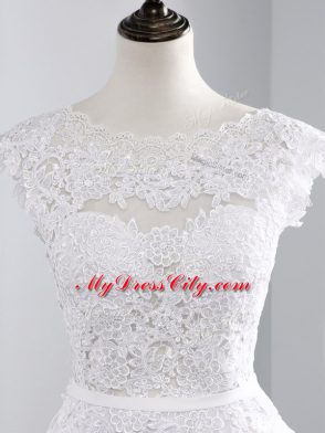 Pretty White Empire Scalloped Cap Sleeves Chiffon Brush Train Backless Lace Wedding Dresses