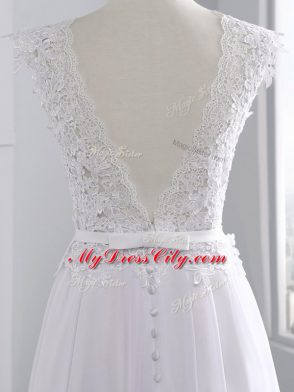 Pretty White Empire Scalloped Cap Sleeves Chiffon Brush Train Backless Lace Wedding Dresses