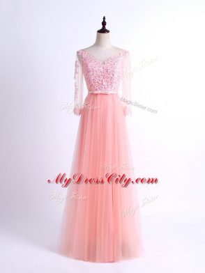 Customized Tulle V-neck Half Sleeves Lace Up Lace Dama Dress in Pink