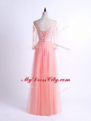 Customized Tulle V-neck Half Sleeves Lace Up Lace Dama Dress in Pink