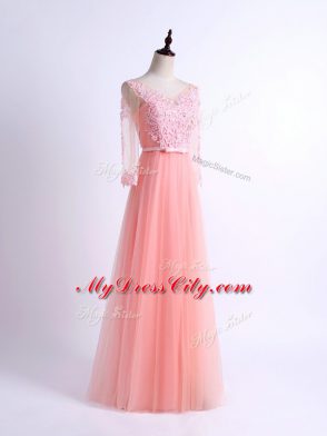 Customized Tulle V-neck Half Sleeves Lace Up Lace Dama Dress in Pink