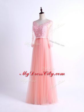 Customized Tulle V-neck Half Sleeves Lace Up Lace Dama Dress in Pink