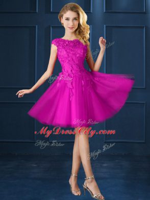 Charming Fuchsia Cap Sleeves Tulle Lace Up Bridesmaids Dress for Prom and Party