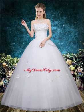 Sleeveless Floor Length Beading and Appliques Lace Up Wedding Dress with White