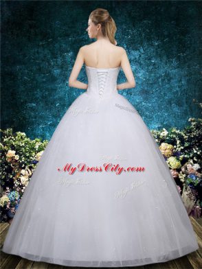 Sleeveless Floor Length Beading and Appliques Lace Up Wedding Dress with White