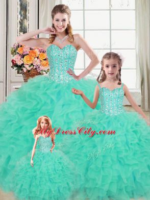 Floor Length Turquoise Ball Gown Prom Dress Sweetheart Sleeveless Lace Up