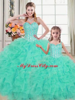 Floor Length Turquoise Ball Gown Prom Dress Sweetheart Sleeveless Lace Up