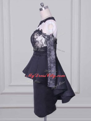 Modest Lace and Appliques Mother of Groom Dress Black Zipper Long Sleeves Mini Length