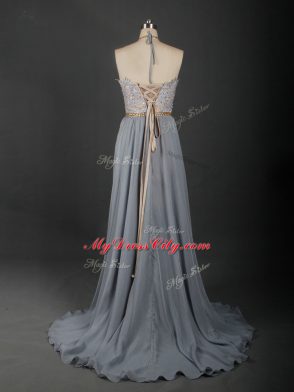 Attractive Grey Empire Halter Top Sleeveless Chiffon Brush Train Lace Up Beading and Appliques Pageant Dress Womens