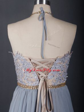 Attractive Grey Empire Halter Top Sleeveless Chiffon Brush Train Lace Up Beading and Appliques Pageant Dress Womens