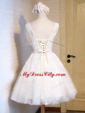 High End Appliques Prom Gown White Lace Up Sleeveless Mini Length