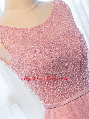 Pink Prom and Military Ball and Sweet 16 with Beading and Belt Scoop Sleeveless Zipper