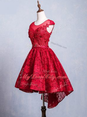 Suitable Red A-line Lace Scoop Short Sleeves Lace and Appliques and Belt High Low Lace Up Prom Party Dress