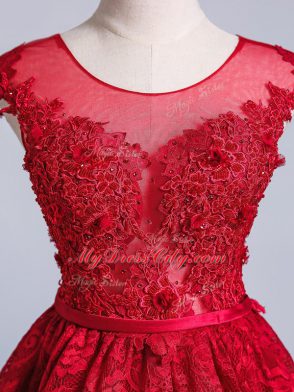 Suitable Red A-line Lace Scoop Short Sleeves Lace and Appliques and Belt High Low Lace Up Prom Party Dress