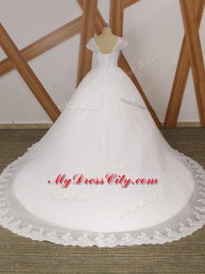 Tulle Short Sleeves Wedding Dress Chapel Train and Beading and Lace and Appliques