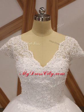 Tulle Short Sleeves Wedding Dress Chapel Train and Beading and Lace and Appliques