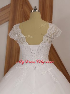 Tulle Short Sleeves Wedding Dress Chapel Train and Beading and Lace and Appliques