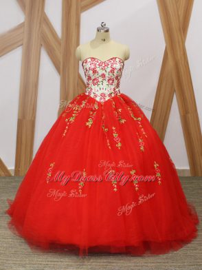 Custom Fit Sweep Train Ball Gowns 15 Quinceanera Dress Red Sweetheart Tulle Sleeveless Lace Up