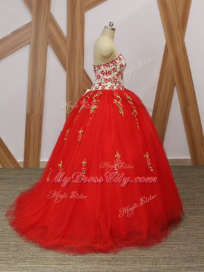 Custom Fit Sweep Train Ball Gowns 15 Quinceanera Dress Red Sweetheart Tulle Sleeveless Lace Up