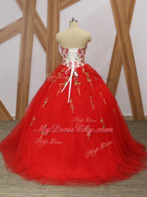 Custom Fit Sweep Train Ball Gowns 15 Quinceanera Dress Red Sweetheart Tulle Sleeveless Lace Up